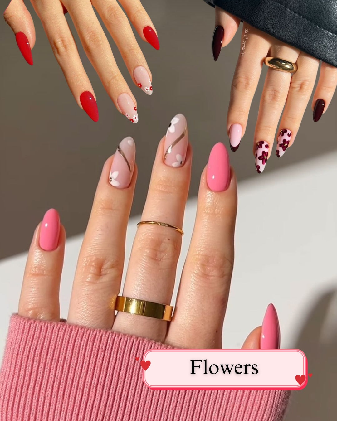 Pink floral nail art design with hand-painted flowers at Lioness nail salon Jumeirah Dubai